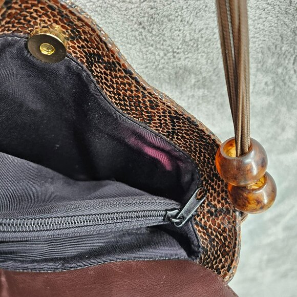 Basix New York Snake Print Textured Leather Shoulder Bag Brown Black Beads Strap - Picture 12 of 14